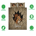 Squirrel quilt bedding set shown front-on with matching pillows and soft breathable care feature icons