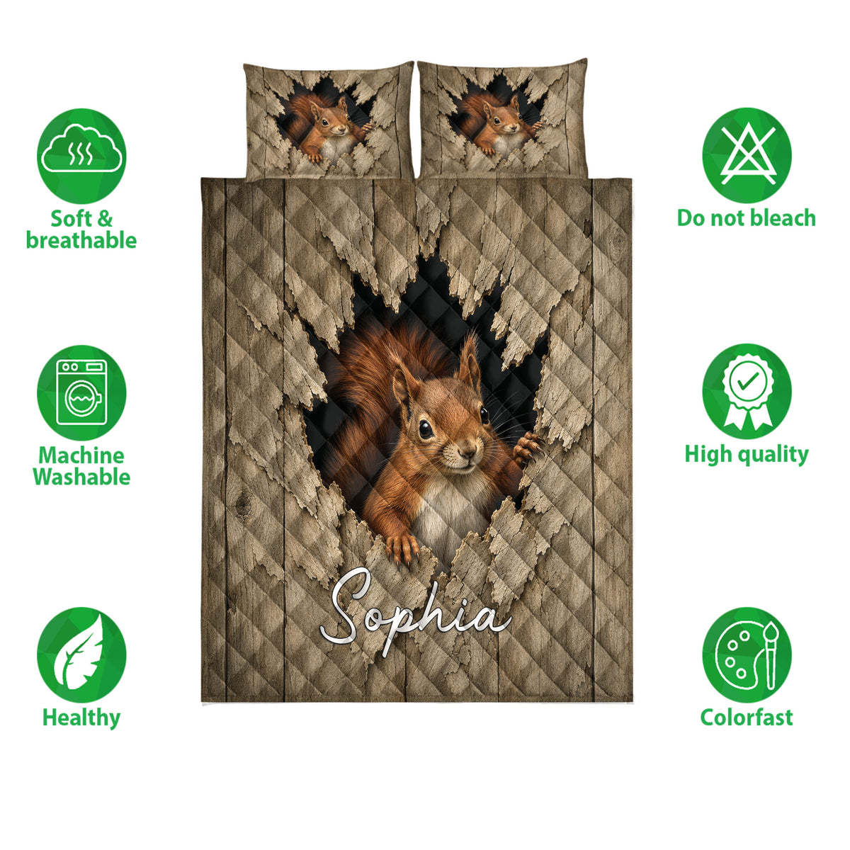 Squirrel quilt bedding set shown front-on with matching pillows and soft breathable care feature icons