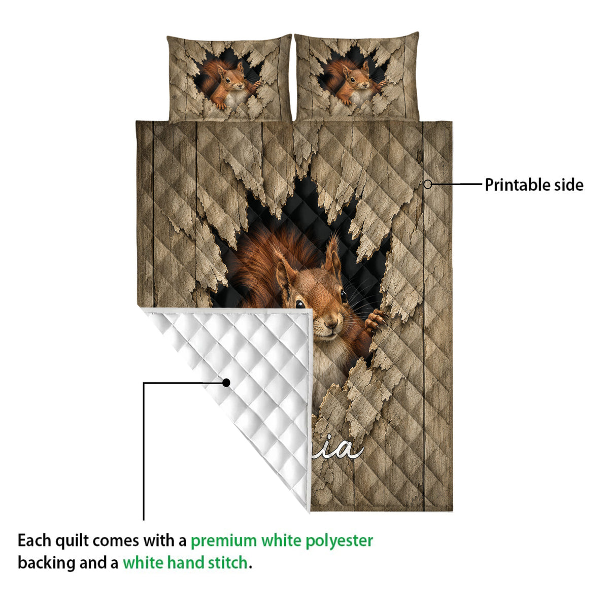 Squirrel quilt shown with its printed woodland front and white diamond-stitched reverse backing