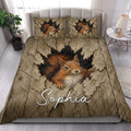 Squirrel quilt bedding styled in a bright bedroom with realistic wildlife artwork and matching pillows