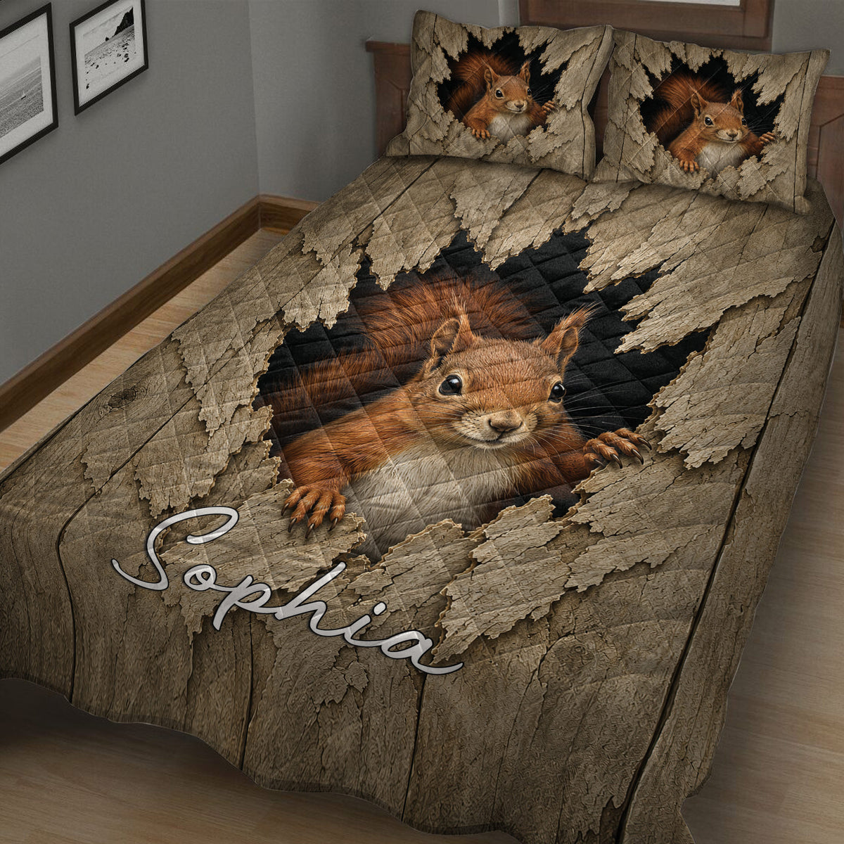 Close bedroom view of a squirrel quilt blanket featuring a large realistic squirrel and bark texture