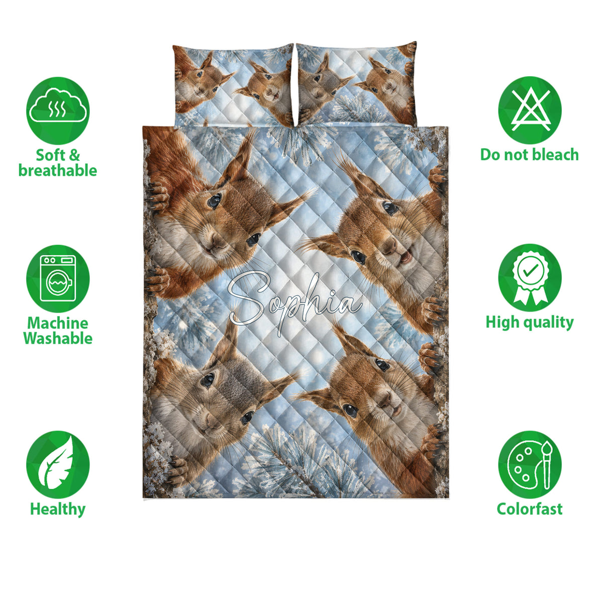 Squirrel quilt bedding set product view with blue woodland artwork and feature icons around the bed set