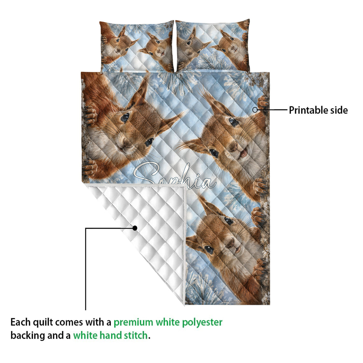 Squirrel quilt showing the printed woodland artwork on one side and the white quilted backing underneath