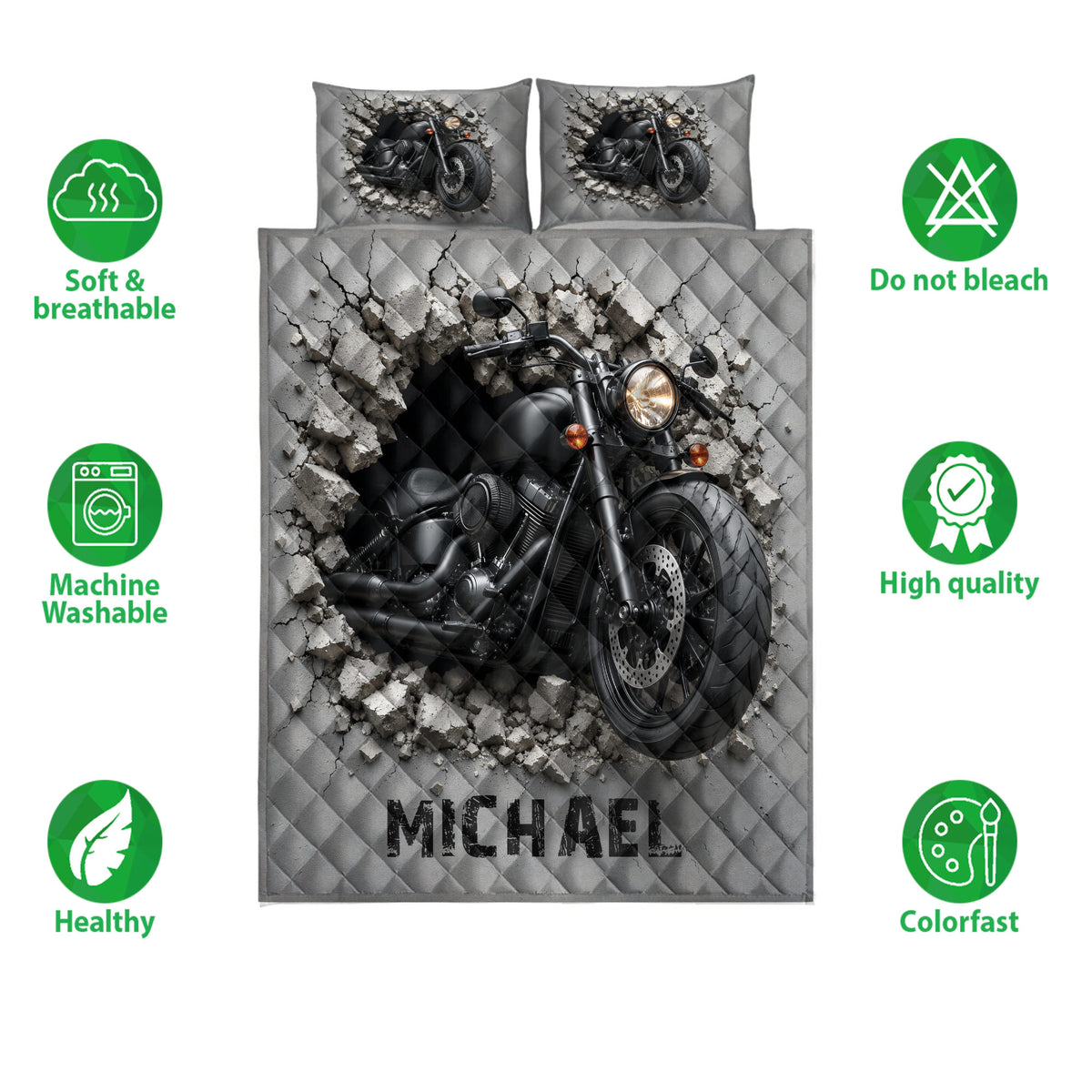 Motorcycle quilt bedding set shown with matching pillowcases and product feature icons around the gray biker artwork