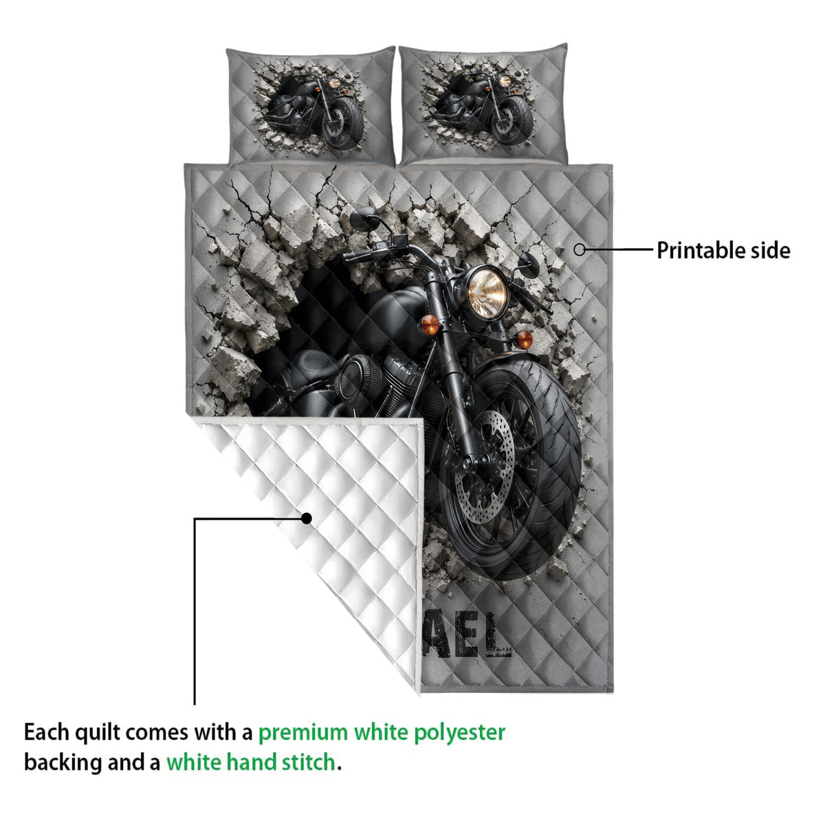 Biker quilt showing the printed motorcycle side and white quilted backing in a product construction view