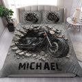 Motorcycle quilt bedding set styled in a bright bedroom with dramatic black bike and cracked concrete artwork