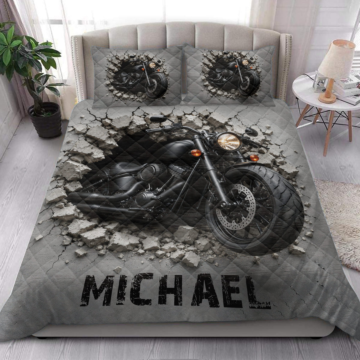 Motorcycle quilt bedding set styled in a bright bedroom with dramatic black bike and cracked concrete artwork