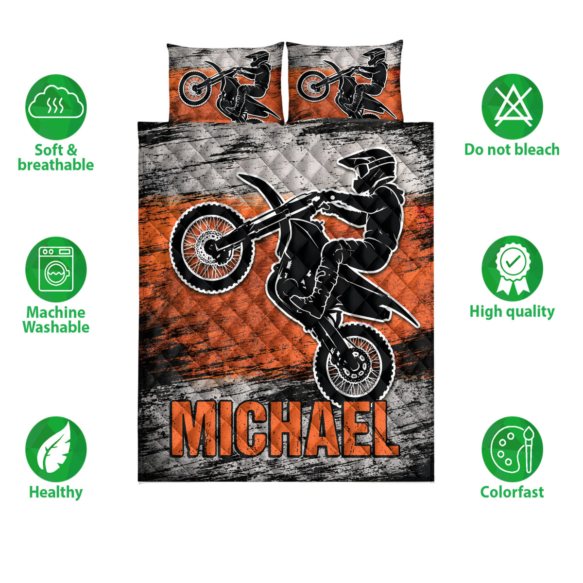 Motocross quilt blanket displayed with dirt bike artwork and product feature icons