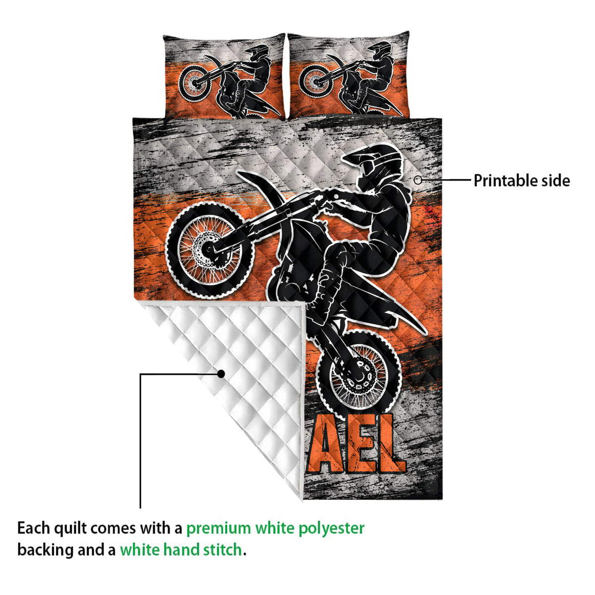Close-up motocross quilt showing a dirt bike rider print and quilted white backing