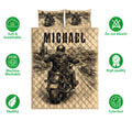 Biker quilt bedding set shown with motorcycle artwork, mountain scenery, and soft breathable product feature icons