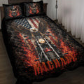 Biker quilt blanket featuring a motorcycle, eagle, American flag artwork, flames, and bold black and red styling