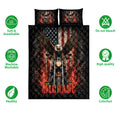 Biker quilt bedding display with motorcycle and eagle artwork, shown with soft breathable and colorfast feature icons