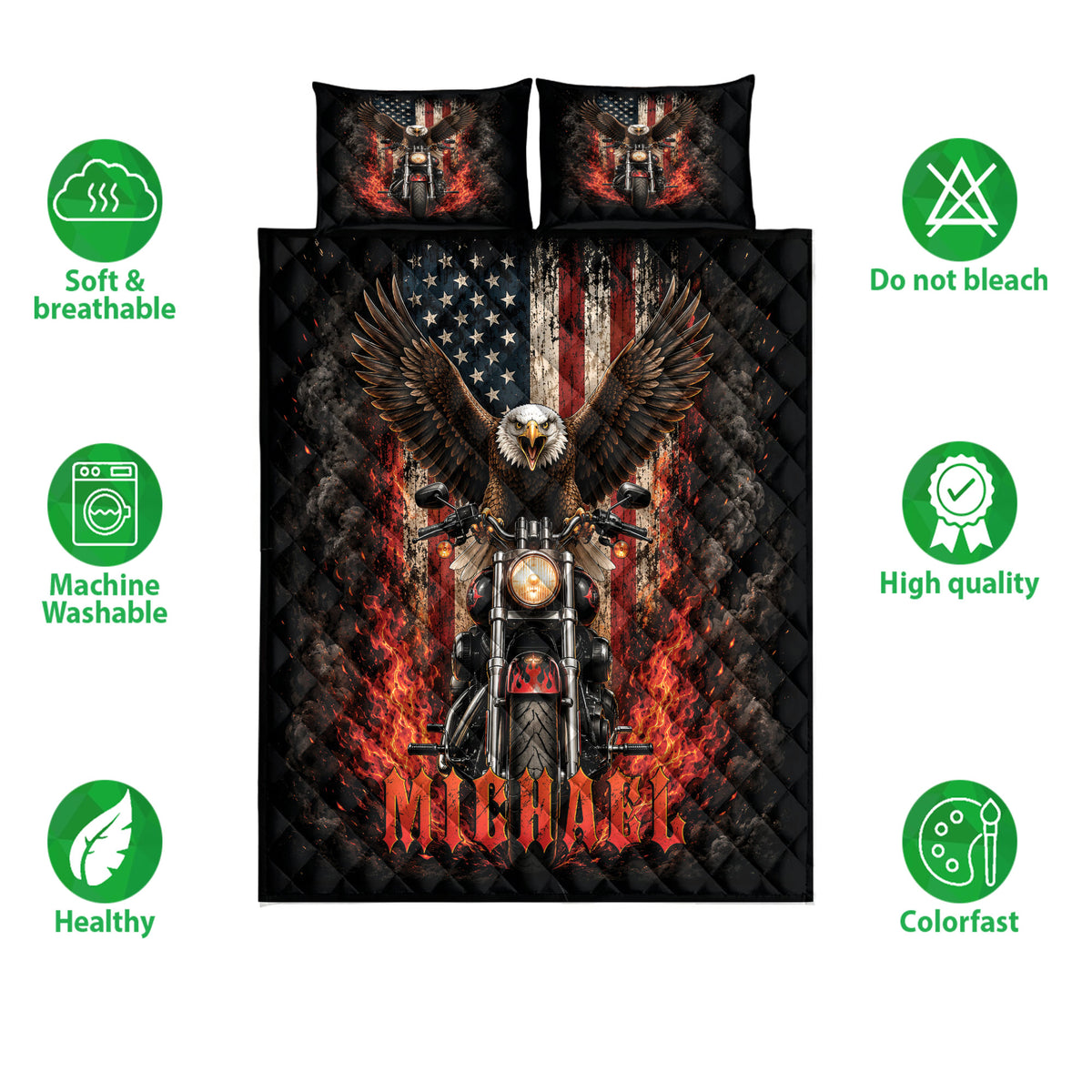 Biker quilt bedding display with motorcycle and eagle artwork, shown with soft breathable and colorfast feature icons
