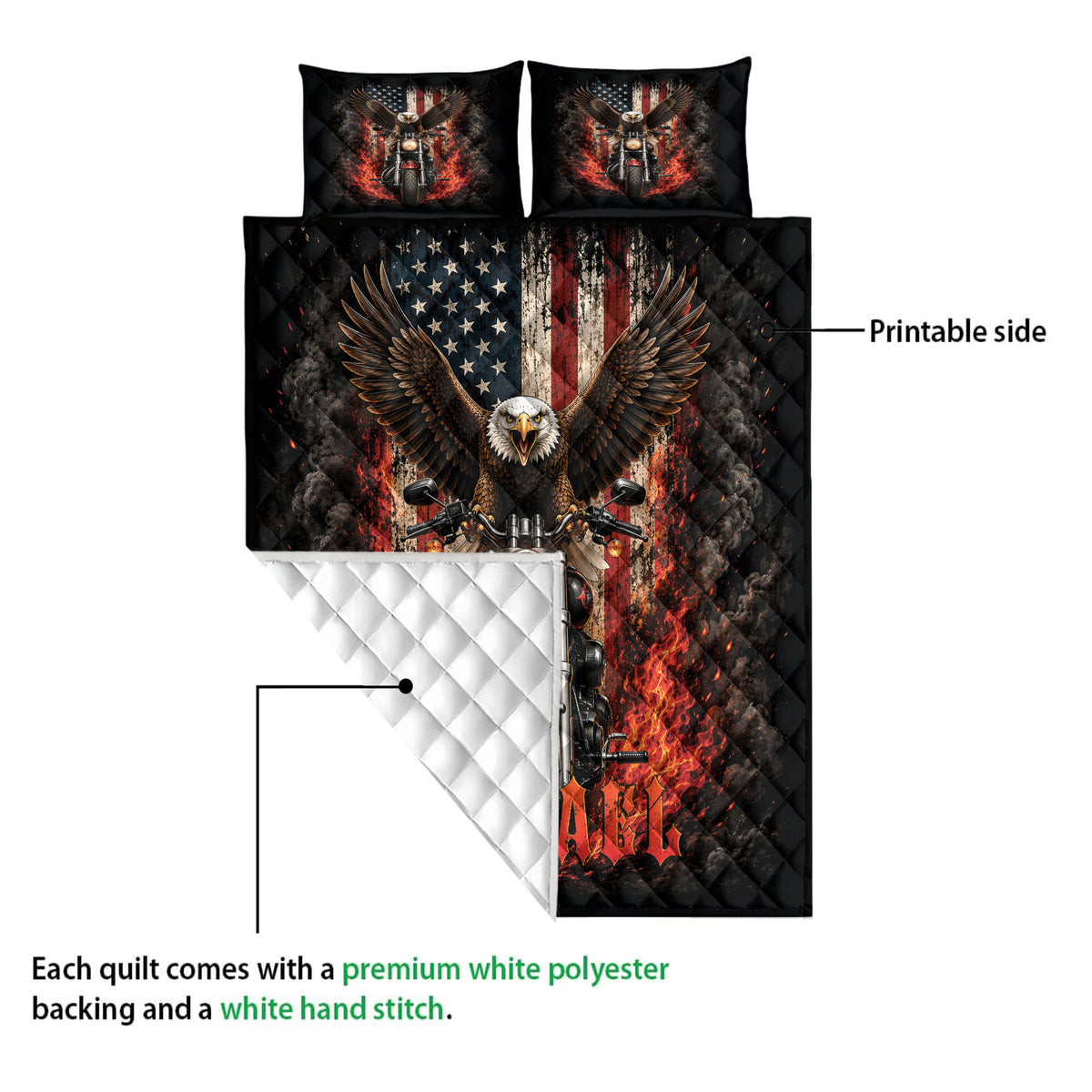 Biker quilt blanket showing the printed motorcycle and eagle artwork with a white quilted backing detail