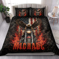 Biker quilt bedding styled on a bedroom bed with motorcycle, eagle, flames, and distressed American flag artwork