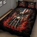 Biker quilt blanket displayed on a bed with a flaming motorcycle, eagle artwork, and bold black and red design