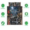 Biker quilt bedding set shown with motorcycle artwork, city night scene, skull mural, and feature icons
