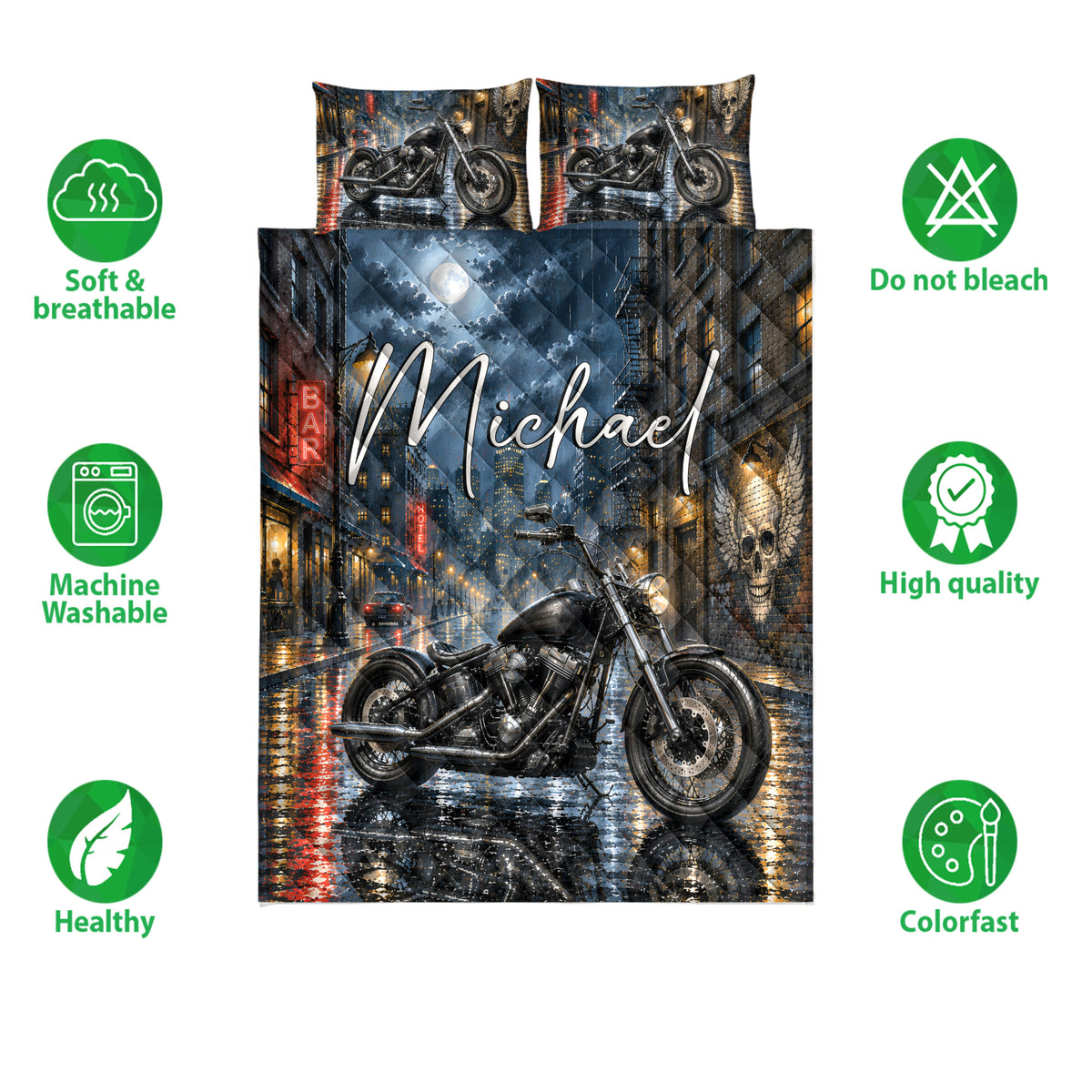 Biker quilt bedding set shown with motorcycle artwork, city night scene, skull mural, and feature icons