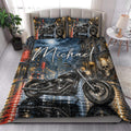 Biker quilt bedding styled in a bedroom with motorcycle imagery, moonlit city artwork, and matching pillowcase options