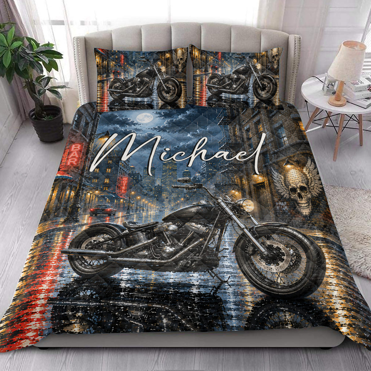Biker quilt bedding styled in a bedroom with motorcycle imagery, moonlit city artwork, and matching pillowcase options
