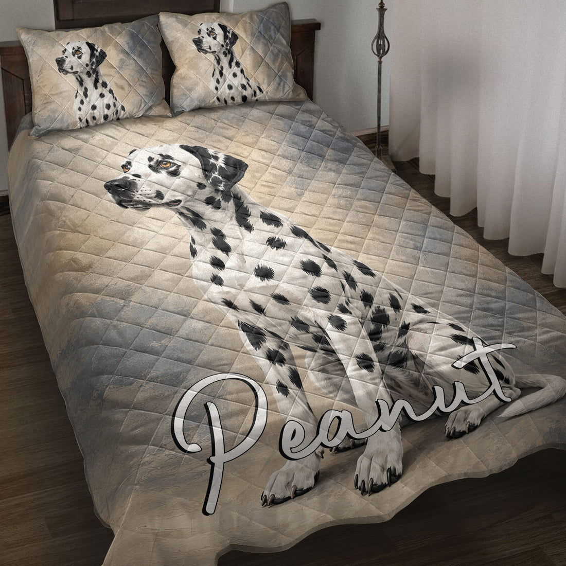 Dalmatian dog quilt blanket styled across a bedroom with coordinating dog artwork