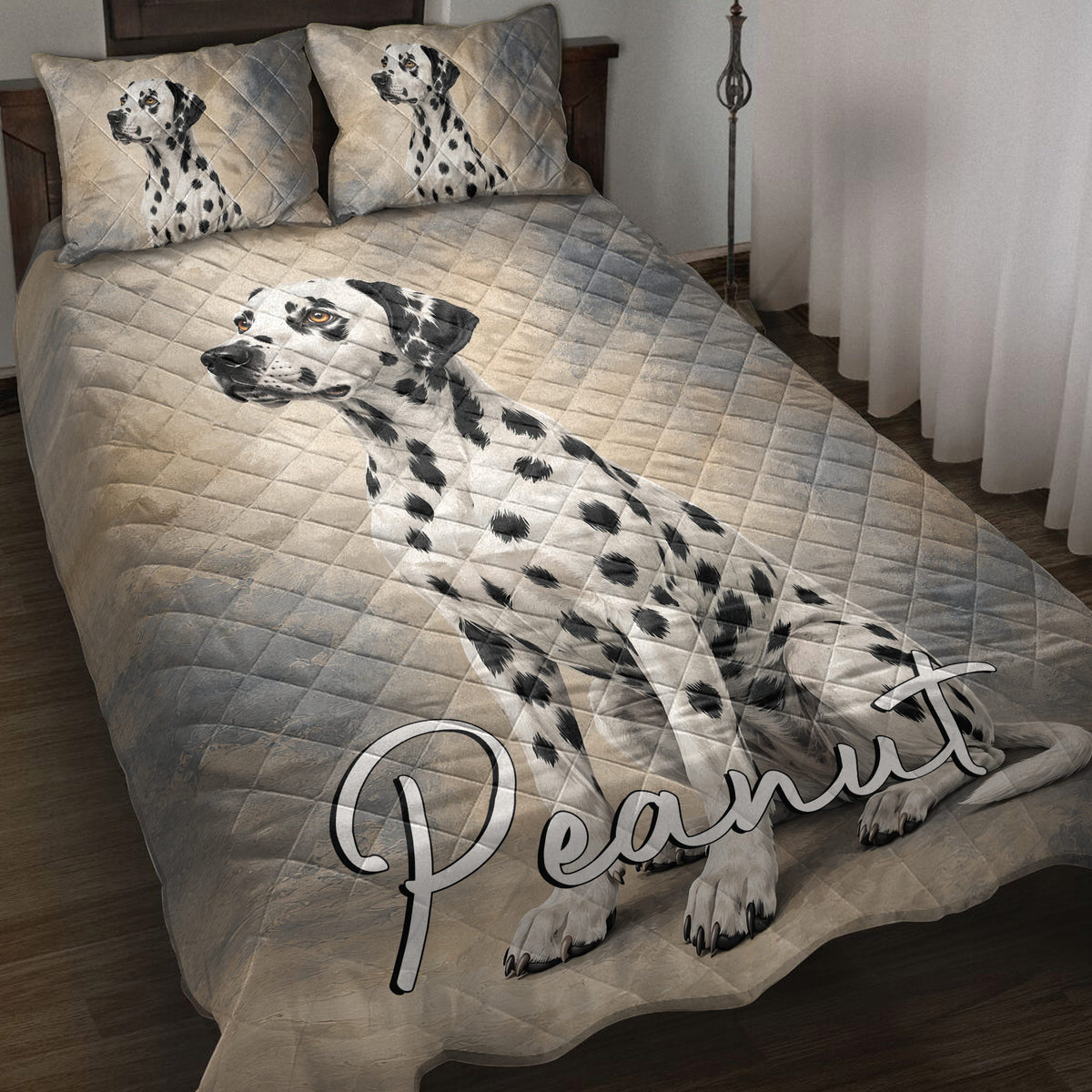Dalmatian dog quilt blanket styled across a bedroom with coordinating dog artwork