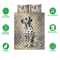 Dalmatian quilt bedding set shown with dog artwork and product feature icons