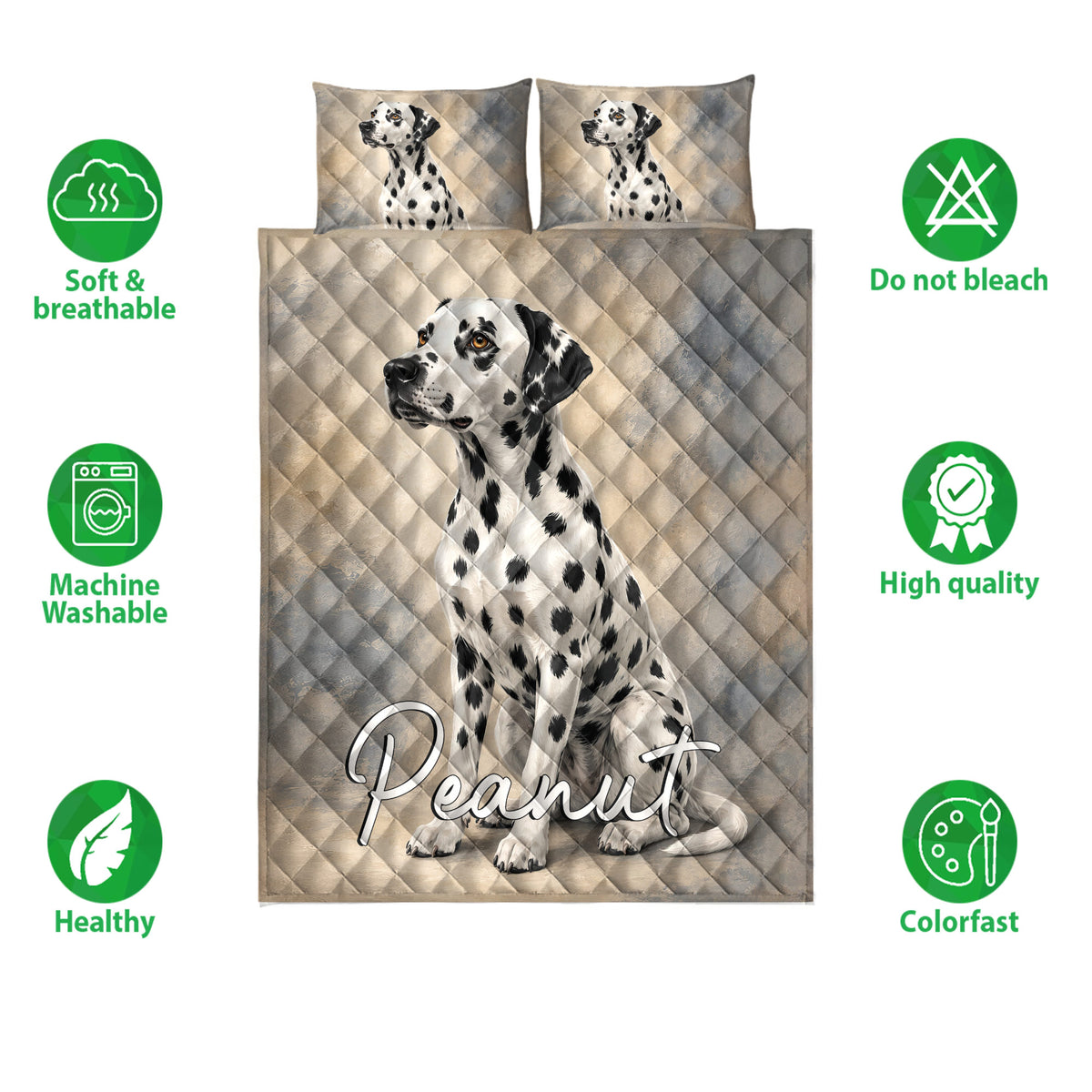 Dalmatian quilt bedding set shown with dog artwork and product feature icons