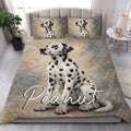 Dalmatian dog quilt blanket displayed on a bright bedroom bed