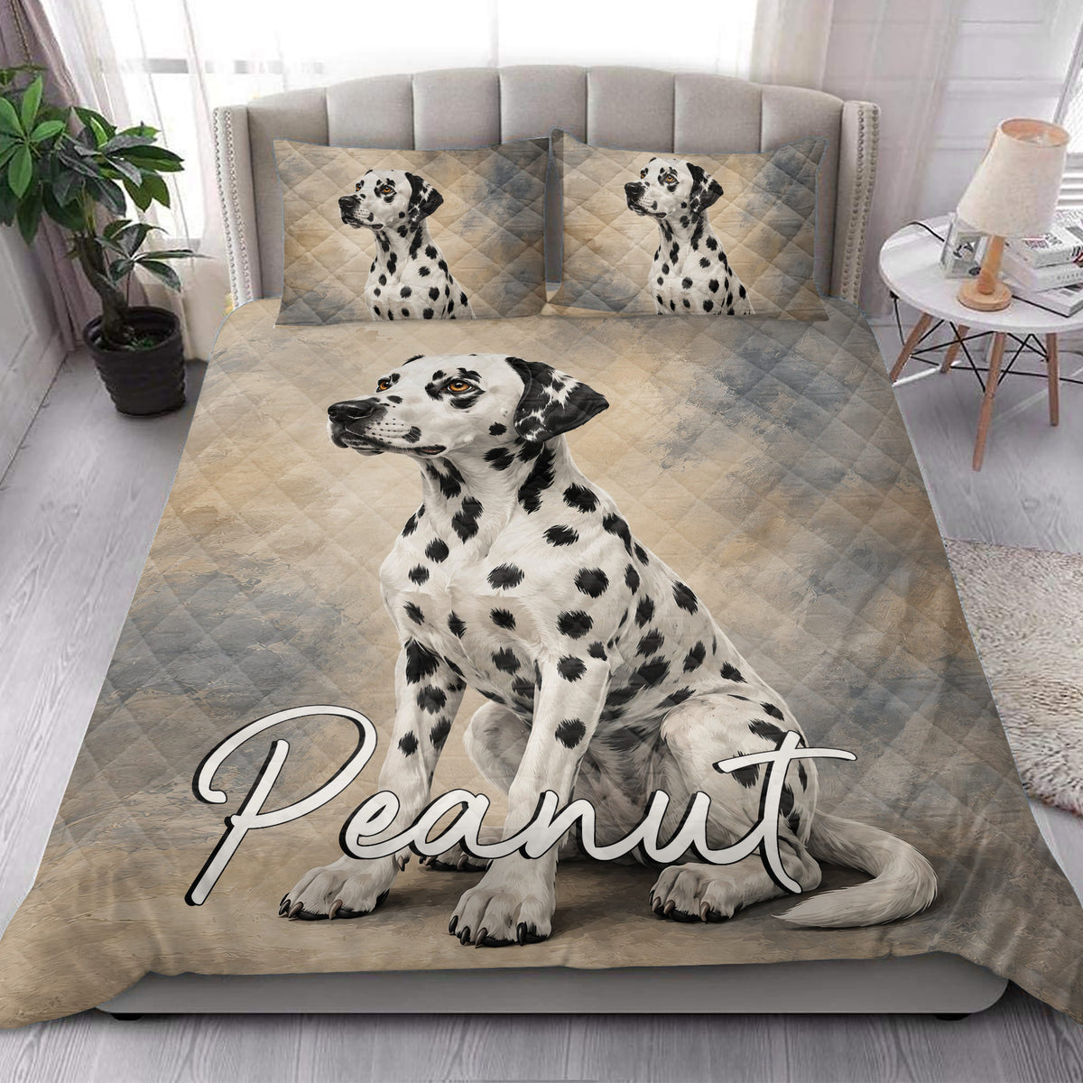 Dalmatian dog quilt blanket displayed on a bright bedroom bed