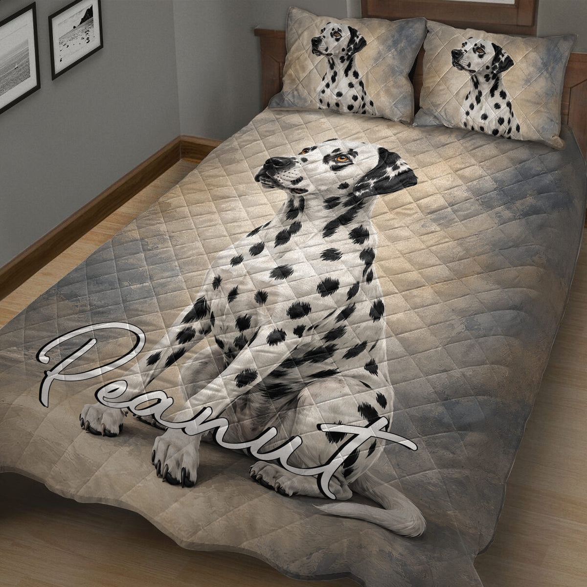 Dalmatian dog quilt bedding set styled in a warm modern bedroom