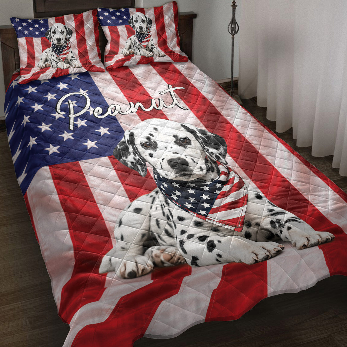 Dalmatian quilt blanket featuring a patriotic red, white, and blue flag design on a styled bed
