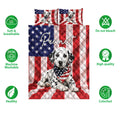 Dalmatian quilt bedding set displayed with matching dog artwork and product feature icons