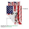 Dalmatian quilt showing the printed flag design and white quilted backing detail