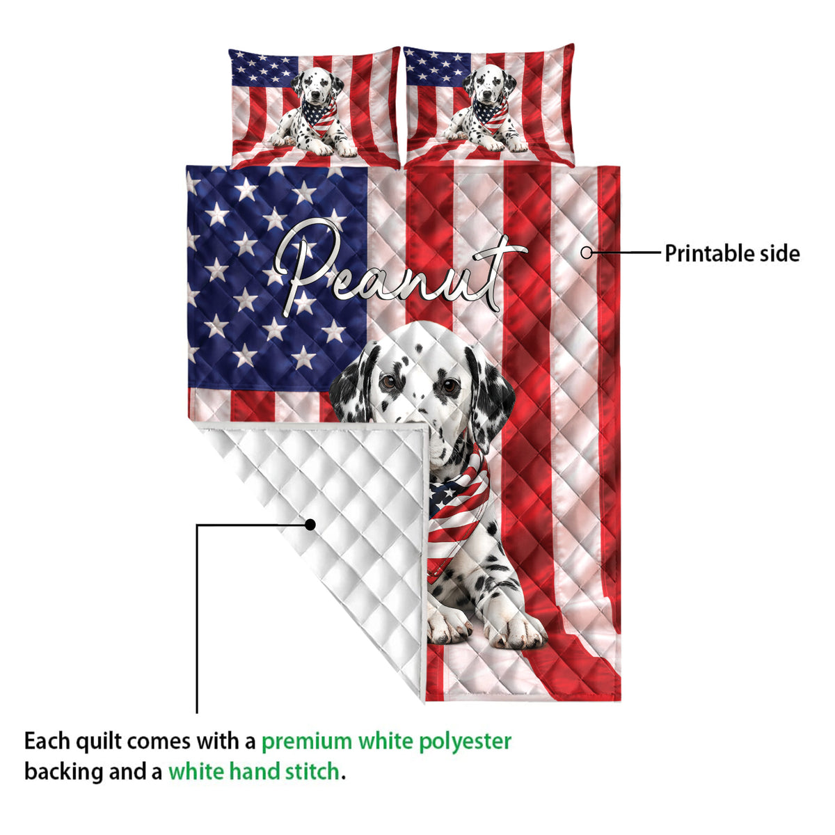 Dalmatian quilt showing the printed flag design and white quilted backing detail