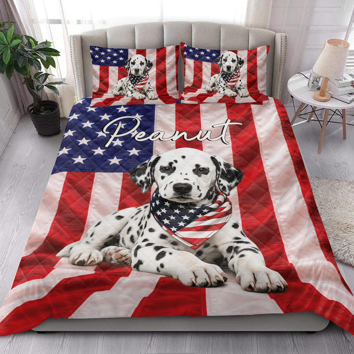 Patriotic Dalmatian quilt blanket styled on a bed in a bright bedroom setting