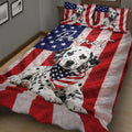 Dalmatian dog quilt blanket with American flag artwork displayed across a bedroom bed