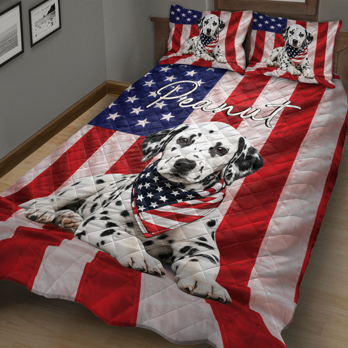 Dalmatian dog quilt blanket with American flag artwork displayed across a bedroom bed