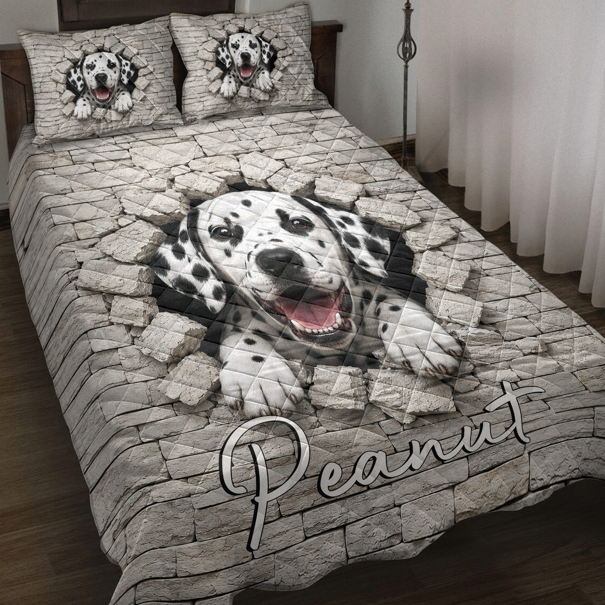 Dalmatian quilt bedding set displayed on a bed with spotted dogs breaking through a stone wall