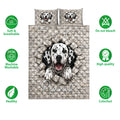 Dalmatian quilt blanket and pillowcase design shown with soft, breathable, washable, and colorfast feature icons