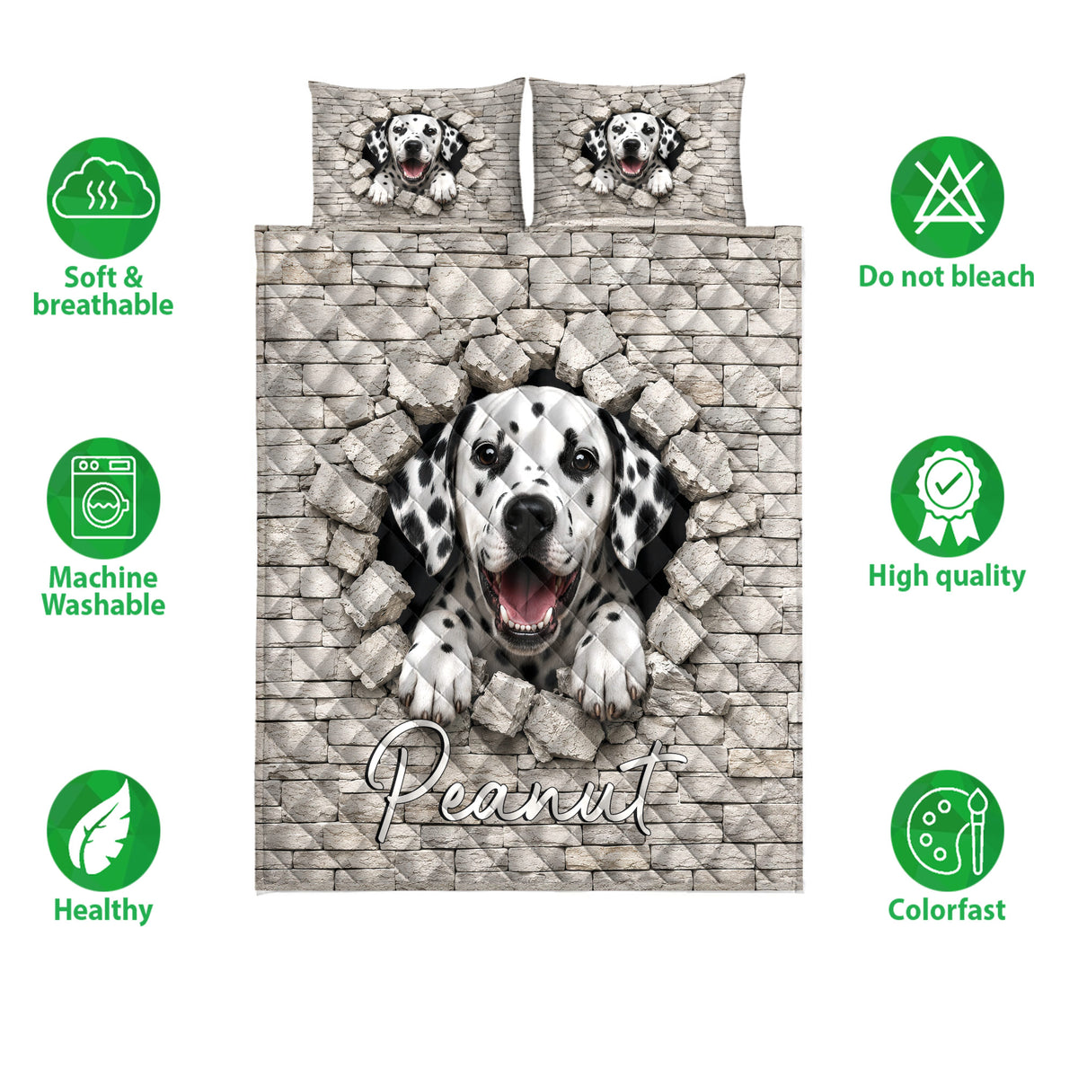Dalmatian quilt blanket and pillowcase design shown with soft, breathable, washable, and colorfast feature icons