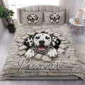 Dalmatian quilt bedding set styled in a bright bedroom with a large spotted dog and matching dog artwork