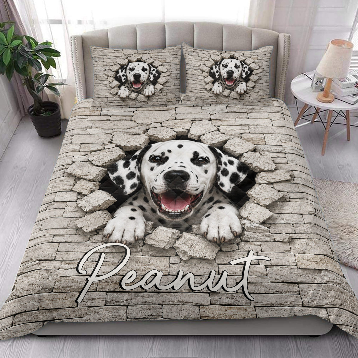 Dalmatian quilt bedding set styled in a bright bedroom with a large spotted dog and matching dog artwork