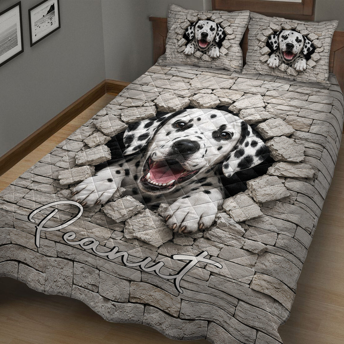Dalmatian quilt blanket displayed on a bed with playful spotted dogs emerging through a stone wall