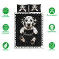 Dalmatian dog quilt bedding set shown with black diamond quilting and product feature icons