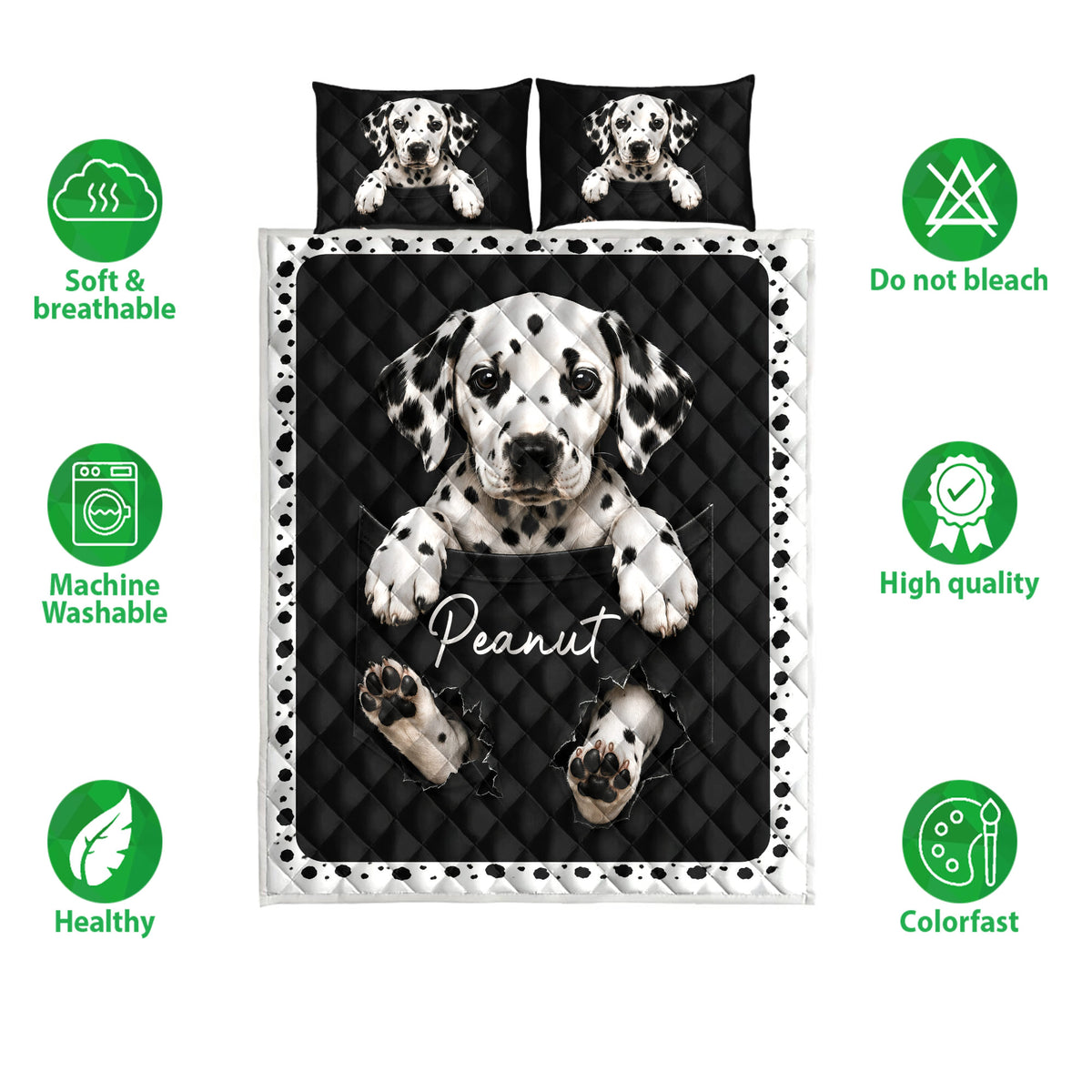 Dalmatian dog quilt bedding set shown with black diamond quilting and product feature icons