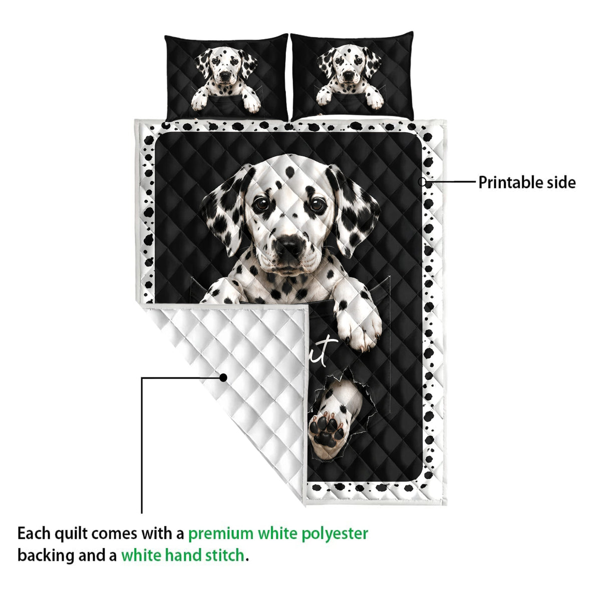 Dalmatian quilt blanket detail showing the printed side and white quilted backing