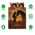Cowgirl horse quilt bedding set shown front-facing with rustic western artwork and feature icons