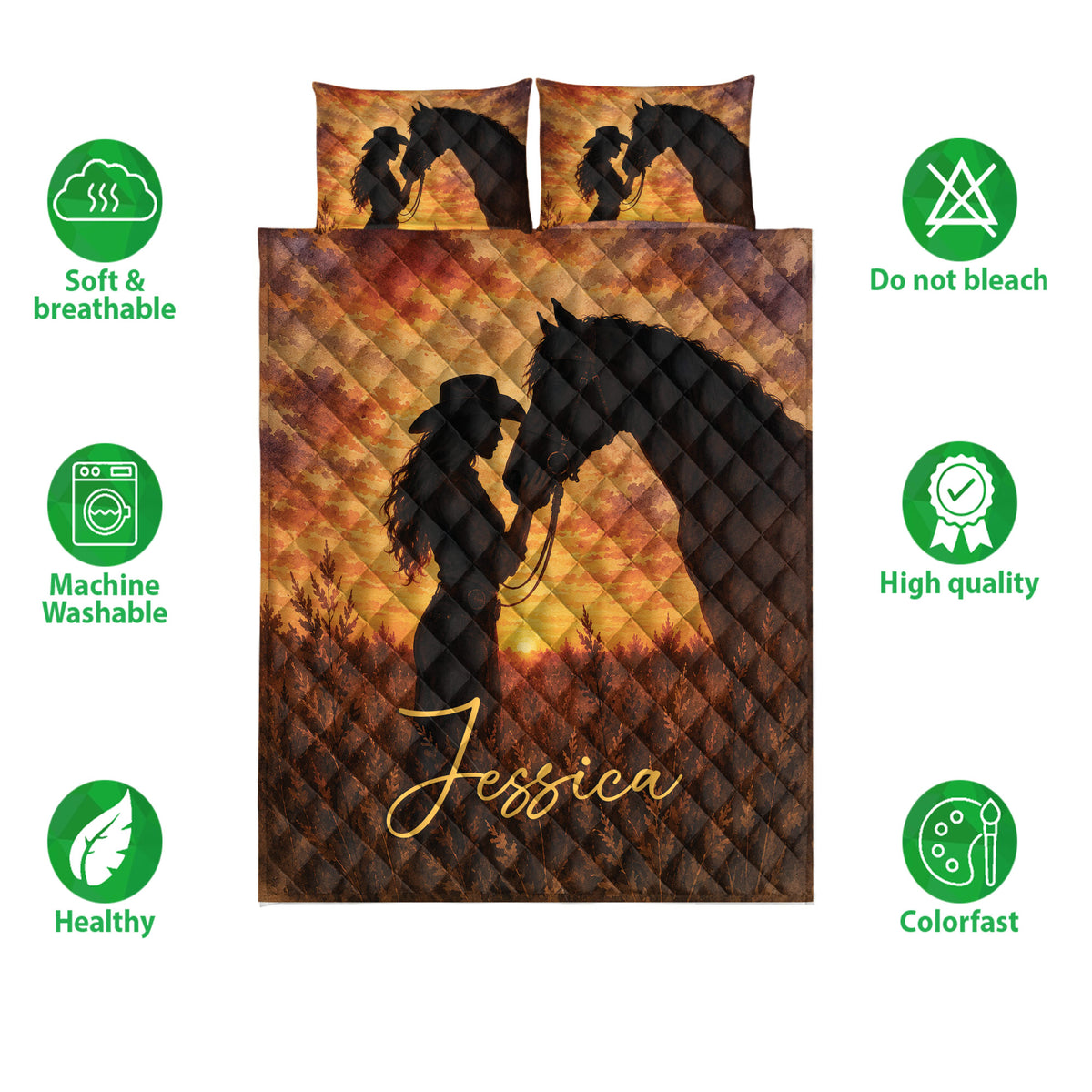 Cowgirl horse quilt bedding set shown front-facing with rustic western artwork and feature icons