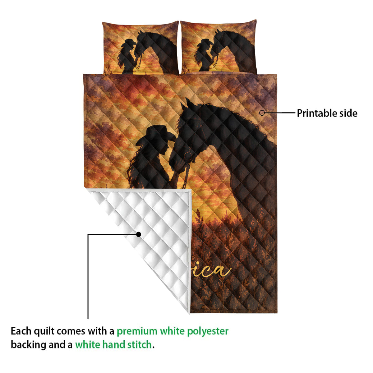 Cowgirl and horse quilt showing the printed front and white quilted backing detail